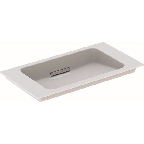 Lavabo pour meuble Geberit ONE sortie horizontale, compact, 75x40cm, sans troude robinetterie, trop-plein dissimulé, blanc, KeraTect, chromé brossé