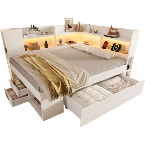Lit banquette 140x200 cm blanc avec LED, rangements, USB et Type-C, tiroirs et sommier à lattes, sans matelas, idéal pour chambre d’ami – CHICFURN (1/5)