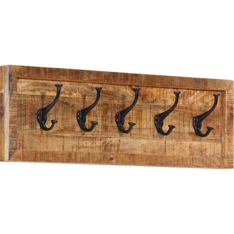 Porte-manteau mural 5 crochets en fer en bois de manguier massif 80 x 25 x 9 cm - PANGIVO (1/5)