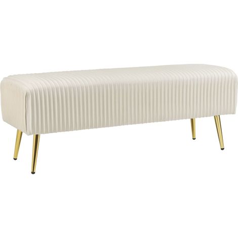 Panca in Velluto Bianco Sporco Imbottito Gambe In Metallo Dorato 118 cm Glamour Paterson