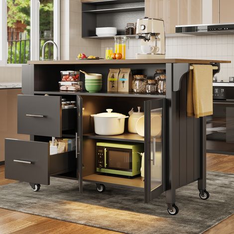Îlot de cuisine noir cloisons amovibles plan travail buffet vitrine verre imitation bois éclairage LED porte-serviettes roulettes