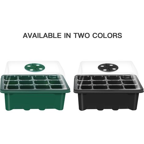 Kit de cultivo: Bandeja de cultivo de PVC con 120 celdas (agujeros), tapas ajustables y accesorios de plantación, en verde o negro, para frutas, flores y plantas de jardín. (1/4)
