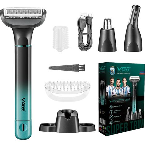 625 3 en 1 Tondeuse Partie Intime Homme, Rasoir Nez Homme Sans Fil Tondeuse Multifonction Convient avec Base pour La Poitrine, Jambes, Aisselles, Le Nez et Le Visage, Étanche IPX5, Vert (1/5)