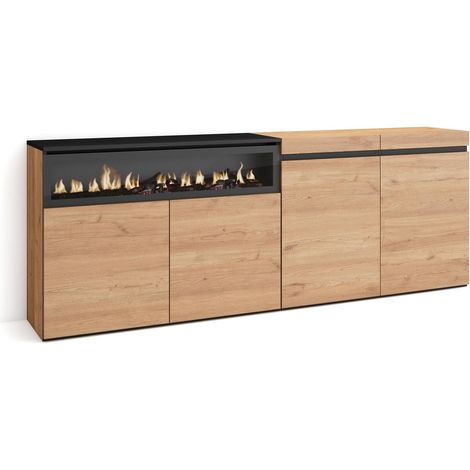 Skraut Home Credenza, Mobile, Cucina Madia, mobile ingresso 200x75x35cm 4 Porte Camino elettrico Stile moderno Rovere e nero (1/5)