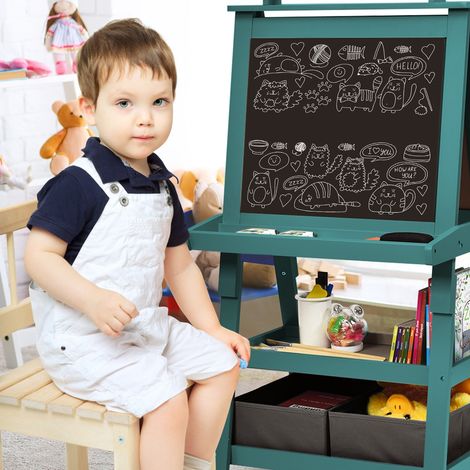 Chevalet pour Enfants 3 en 1 Tableau de Dessin Magnétique Double Faces (Tableau Blanc + Tableau Noir) Bleu (1/3)