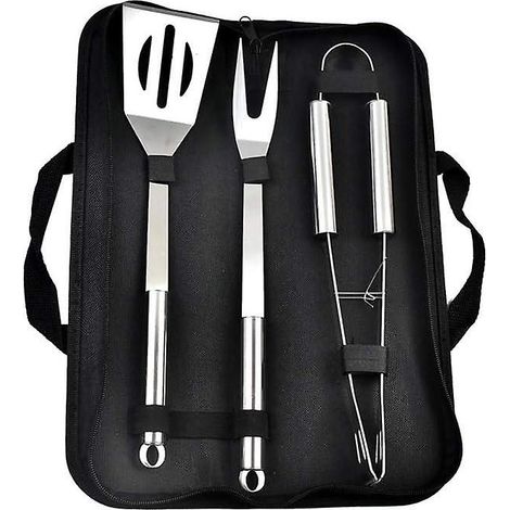 Ensemble de 3 ustensiles de barbecue en acier inoxydable : spatule, pince, fourchette. Kit professionnel idéal pour le barbecue. (1/5)