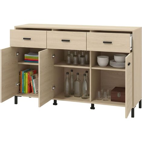 Credenza Quassolo, Madia 3 Cassetti, 3 Ripiani, Apertura Battente e Scorrevole, 138x40x90h cm Marrone Rovere