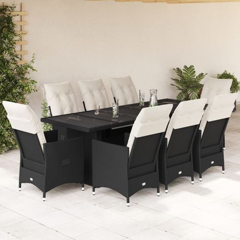 Set de mesa y sillas de jardín 9 pzas y cojines ratán PE negro vidaXL (1/5)