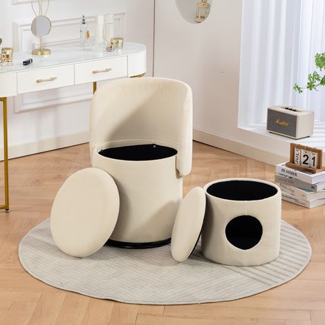 Fauteuil tonneau beige en velours côtelé avec rotation 360° et rangement intégré (1/5)
