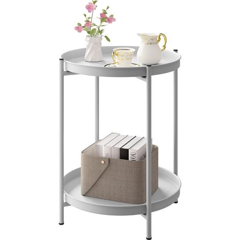 WOLTU Mesa de Centro, Mesa Baja Redonda con 2 Estantes Metálicos Extraíbles, Fácil Montaje, para Salón, Estilo Moderno, Gris Claro (1/5)