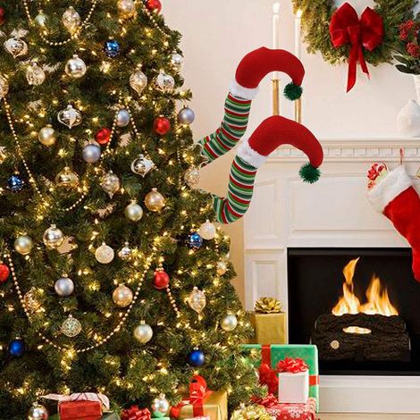 Jambes de lutin Père Noël en peluche avec chaussures, décoration pour sapin de Noël (1/3)