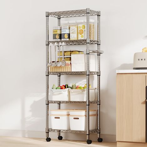 Étagère de rangement métallique 5 niveaux sur roulettes - Grille acier réglable, robuste 1100 lb - Roulettes verrouillables, usage cuisine/garage - 61" argenté - Couleur: silver (1/5)
