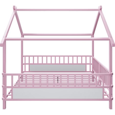 Cama infantil de metal 140 x 200 cm rosa con barrera de seguridad y techo decorativo HOMVRA (1/5)