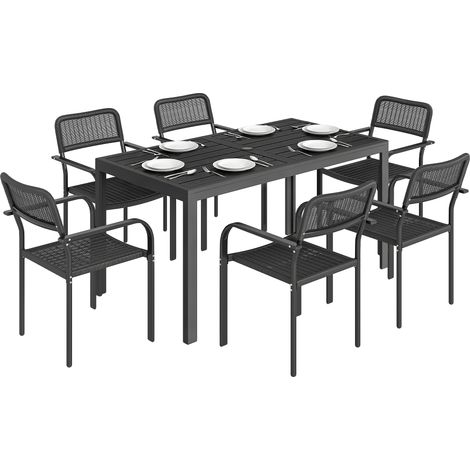 Set da Pranzo Esterno 6 Persone, Tavolo e Sedie con Foro Ombrellone, Nero