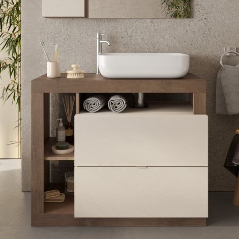 Meuble salle de bain couleur noyer et blanc + vasque L 90cm GAMA (1/5)