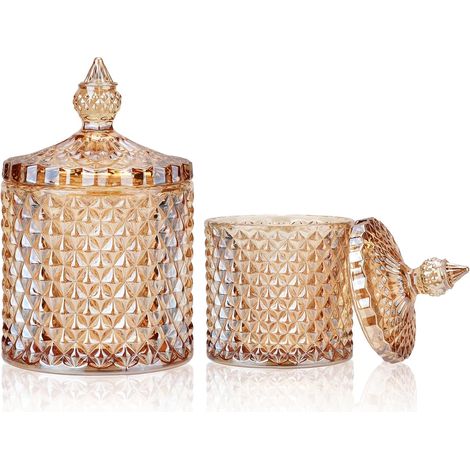 Lot de 2 bocaux en verre à facettes en cristal avec couvercle - Sucrier décoratif - Bocaux à bonbons en cristal - Pour la maison (ambre) (1/5)