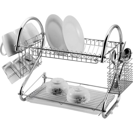 Trade Shop - Escurridor De Platos De Metal Cromado De 2 Niveles Con Bandeja De Goteo Y Soporte Para Cubiertos - (1/2)
