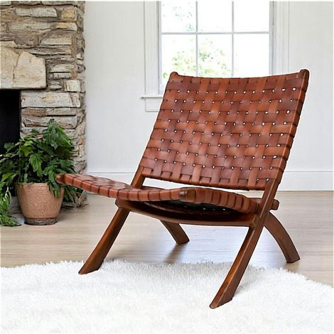 Fauteuil en cuir marron et bois de teck MENDOZA (1/5)