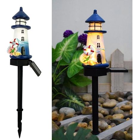 Lumières d'atmosphère du phare bleu et blanc solaire, lampe de plancher maison mignonne de résine décoration jardin et cour, Lumières LED sans fil du crépuscule à l'aube imperméables. (1/5)