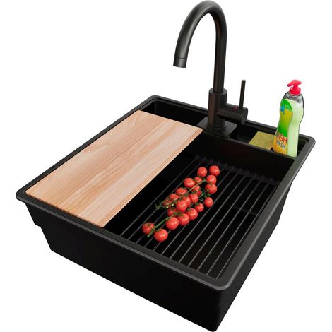 PRIMAGRAN Evier Cuisine en Granit 48x53cm,Lavabo 1 bac + Robinet 32x20cm + Kit de Vidage + Accessoires, Évier à Encastrer au meuble 50cm - New York, Tout Noir (1/5)