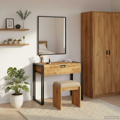 Coiffeuse avec miroir et tiroirs en bois d’acacia massif marron, 90 x 50 x 75 cm - PANGIVO (1/5)