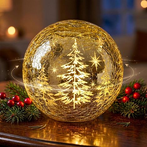 LED Crackle-Glas Weihnachtskugel gold drehend mit Timer - 15 cm - Bruchglas Kugel warm weiß beleuchtet batteriebetrieben