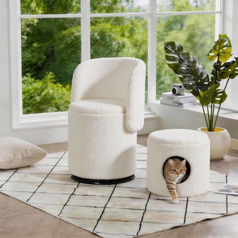 DESMIU Fauteuil pivotant avec rangement 360° pour chambre et salle à manger en Teddy Blanc (1/5)