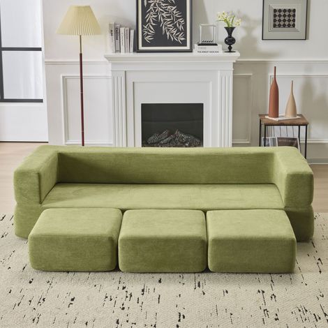 Canapé modulable 3 places avec repose-pieds – convertible lit, tissu chenille lavable – Vert (1/5)