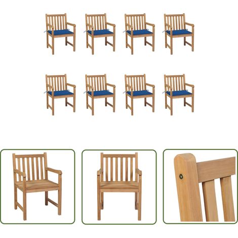 The Living Store Gartenstühle 8 Stk. mit Königsblauen Kissen Teak Massivholz - Gartenstühle - Holzmöbel - Teakholz - Outdoormöbel - Gartenmöbelset (1/5)