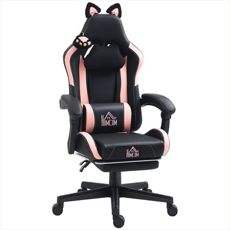 Fauteuil gaming ergonomique noir avec oreilles de chat amovibles et repose-pieds, plastique, 65 x 62 x 124 cm (1/5)