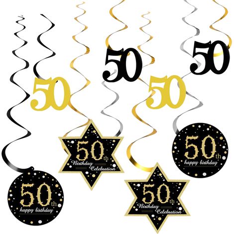 Décor Suspendu Anniversaire 50 Ans - Guirlande Spirale Métallique Dorée Noire Argentée - Pour Décoration Intérieure Extérieure - Lot de 22 Pièces (1/5)
