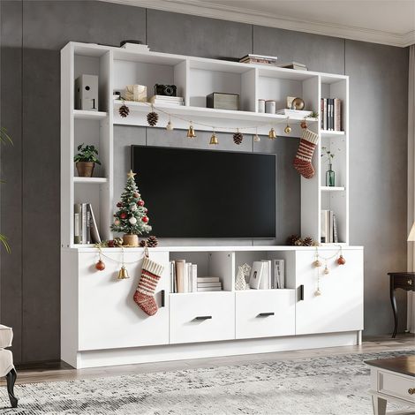 Meuble tv blanc 180x35x170 cm avec vitrine, 2 armoires et 11 compartiments, pour tv jusqu’à 60 pouces (1/5)