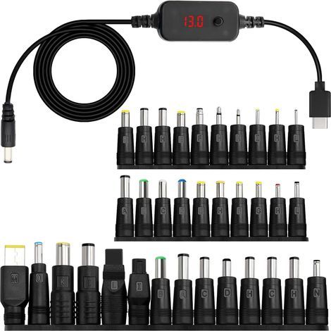 Câble adaptateur PD vers DC, 5 V/9 V/12 V/15 V/20 V, USB Boost Converter DC Digital Display Router Cable, Type C to DC5521 with DC Conversion Heads (34 DC Conversion Heads) (1/5)