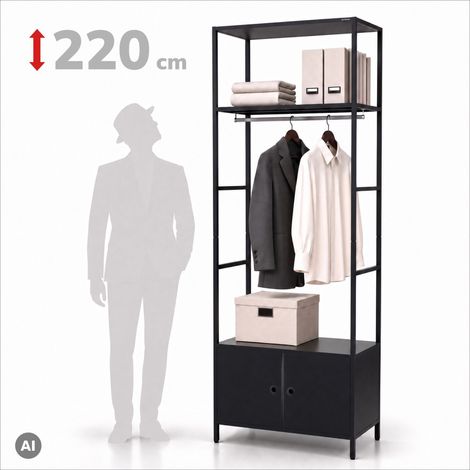 Büroregal offen mit Kleiderstange, für Empfang und Wartebereich, aus Metall, schwarz, 800x2200x400 mm: ARIEL
