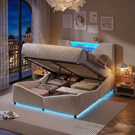 Lit coffre 160x200 cm avec Tête de Lit LED - Design Géométrique Contemporain - Rembourré en Tissu Polaire - Beige (1/5)