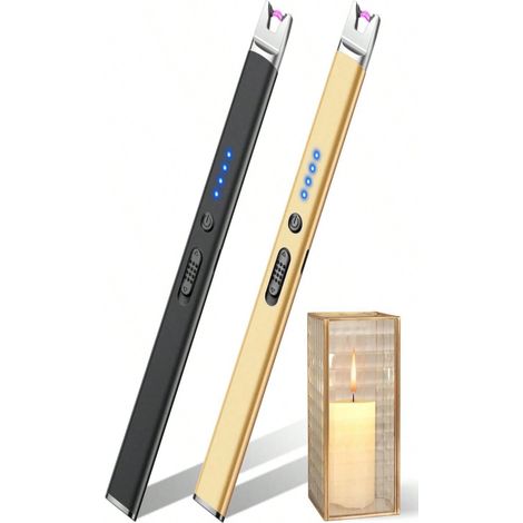 Lot de 2 Briquets à bougies électriques rechargeables par USB, briquets à arc plasma, avec verrou de sécurité, anti-vent, sans flamme, longs. Pour bougies, grills, BBQ, camping, réchauds à gaz, noir e (1/4)
