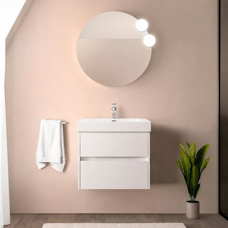 Mobile bagno sospeso 70 cm bianco lucido con due cassetti e lavabo in resina Gaya (1/5)