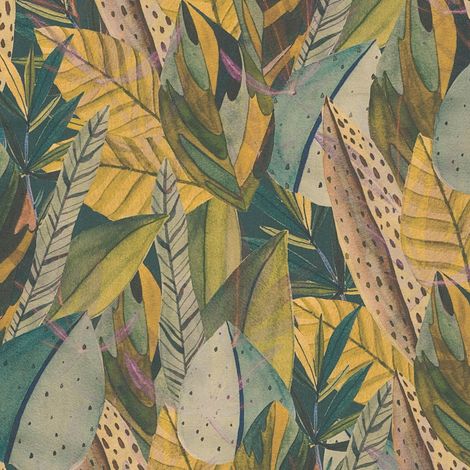 Natur Tapete Profhome 782201 heißgeprägte Vliestapete glatt mit floralen Ornamenten matt grün gelb-oliv lila türkis-blau 5,33 m2