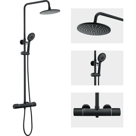Auralum Columna de ducha con Termostática Grifo Negro, Sistema de Ducha antiquemaduras con 9 Pulgadas Ducha de Lluvia y 3 Funciones Teleducha, Altura Ajustable 84cm-121cm (1/5)