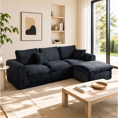 Divano angolare modulare 280x180 cm nero in velluto a coste per piccoli spazi - CHICFURN (1/5)