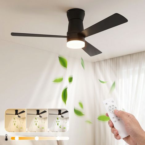 Ventilador de techo con luz y mando a distancia, silencioso 6 velocidades, diseño perfil bajo, Ø 106,6 cm, dormitorio, Negro (1/5)