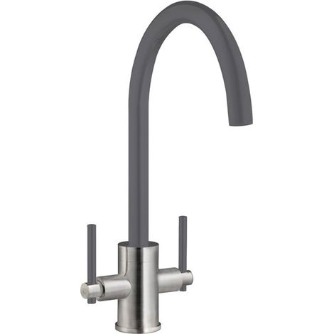 Prima Coloured Swan Neck Dual Lever Kitchen Sink Mixer Tap - Gun Metal/Brushed Steel (1/2)