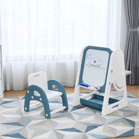 2en1 Tableau Magnétique Enfant Double Face avec Tabouret Etagère de Livres Hauteur Réglable Blanc et Bleu (1/2)