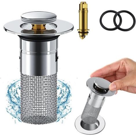 Bouchon d'évier universel à poussoir pour bouchons d'évier de 34 à 40 mm avec filtre à cheveux pour bouchons de vidange de comptoir (1/4)