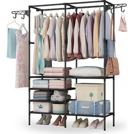 Kleiderständer, freistehender Kleiderschrank, Metallständer, stabiler Ständer mit 6 Ablageflächen, robuster Stahlrohrständer mit 2 ausziehbaren Haken (1/5)