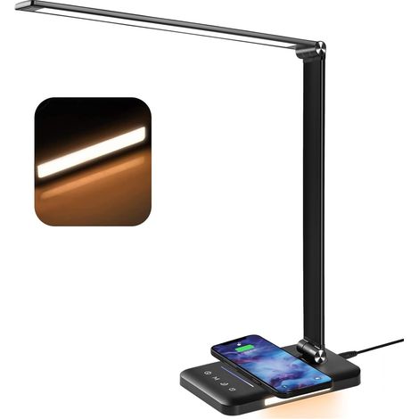 Lampada da scrivania a LED con ricarica wireless da 10 W, ricarica USB, 5 modalità di illuminazione dimmerabili, luce notturna, funzione di memoria, timer automatico - Nero [Classe energetica F] (1/5)