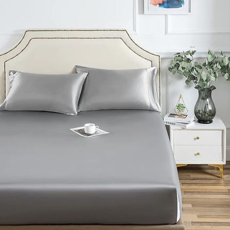 Damier Drap-housse en satin de soie 200x200 cm Gris Satin Drap-housse en satin matelas 30 cm (1/4)