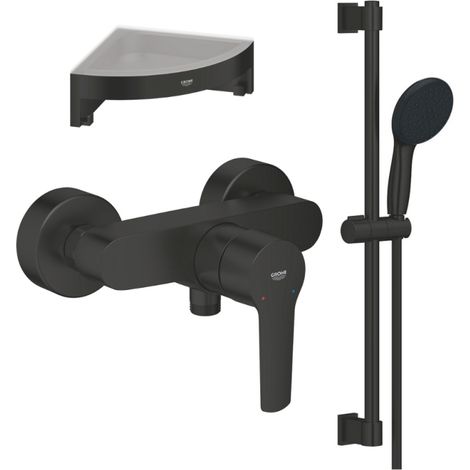 Mitigeur douche mécanique GROHE start Black + Ensemble de douche 2 jets avec barre Noir + Tablette d'angle