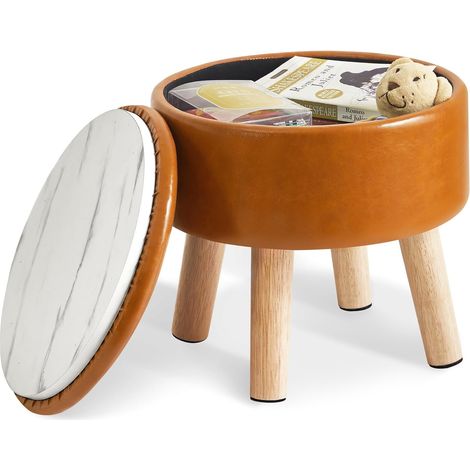 13” Petit Repose-Pieds Ottomane avec Rangement, Pouffe Ronde Tabouret Repose-Pieds avec Siège Rembourré et Couvercle, Mini Ottomane en Faux Cuir PU pour Salon Canapé Entrée, Jaune-Brun (1/5)