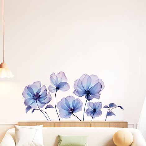 SHINING HOUSE Blaue Blumen Wandaufkleber, großer Wandaufkleber, blaue Blumen, Mohnpflanze, Wanddekoration, Wohnzimmer, Schlafzimmer, Badezimmer (1/4)